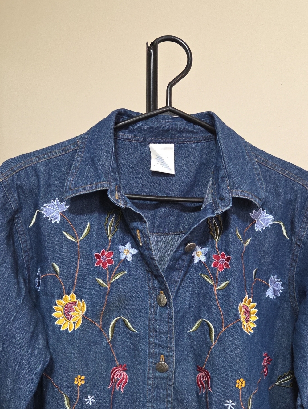 Embroidered Denim Button-Down Shirt - Blue - Picture 2 of 6